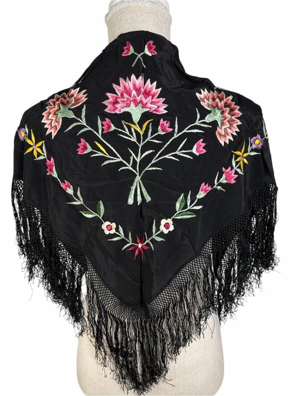 Women’s Black Colorful Floral Embroidered Fringe  Spanish Flamenco Piano Shawl